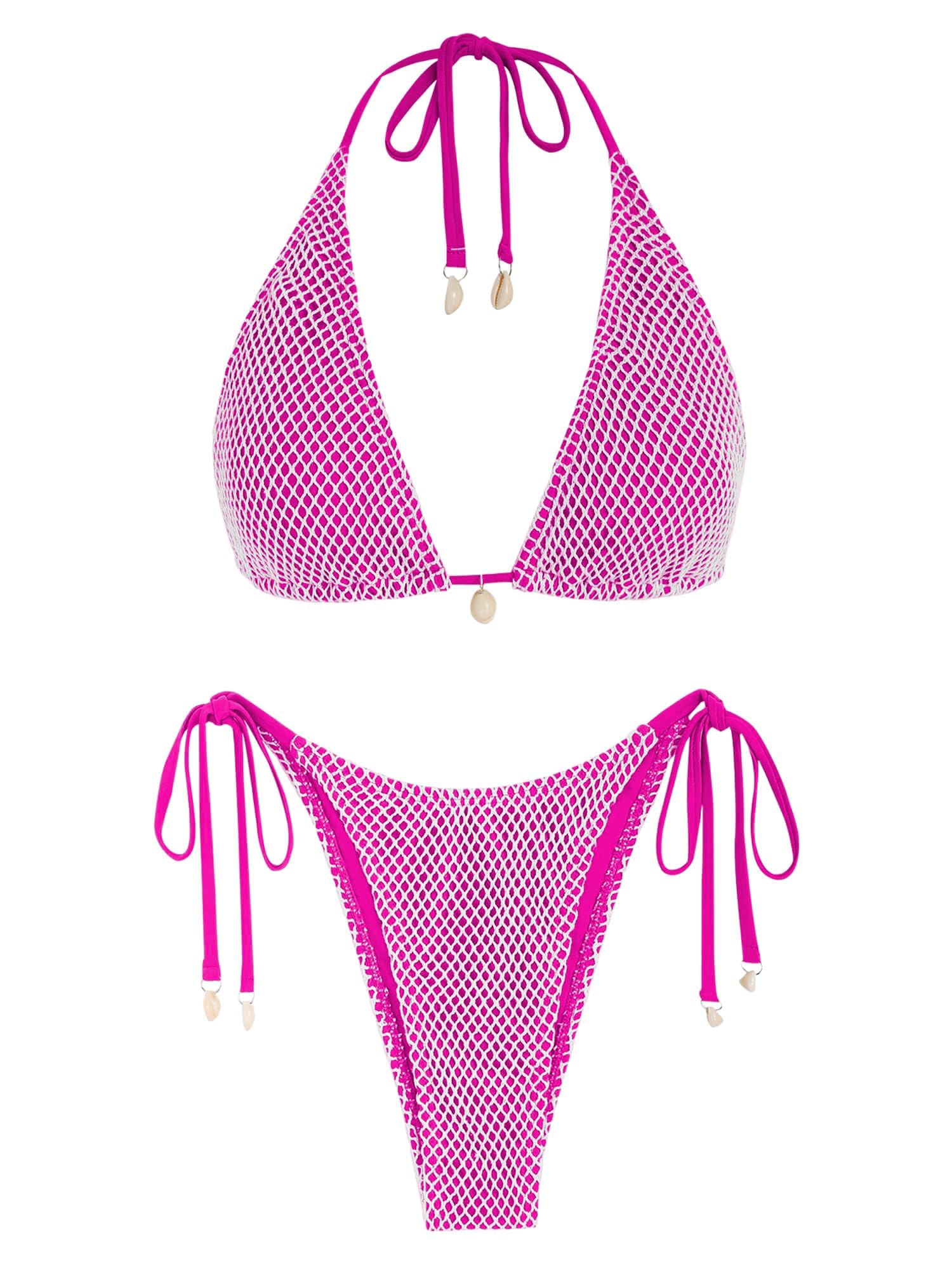 Women's Multiway Triangle Bikini â€?Fishnet Tie-Side Bandeau & Halter Swimsuit Set