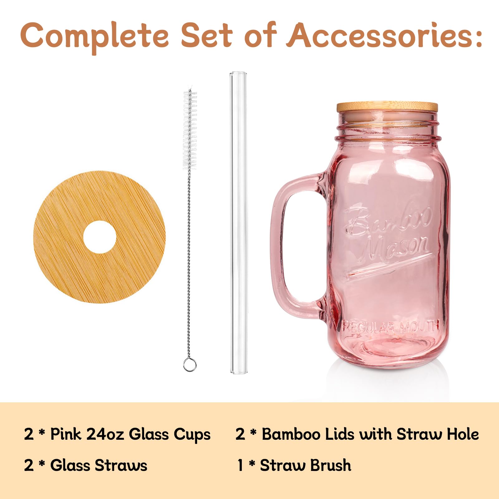 Tumbler with Handle and Straw, 24oz Pink Mason Jars Handles Drinking Glasses Glassware Colored Glass Cups Lids Straws