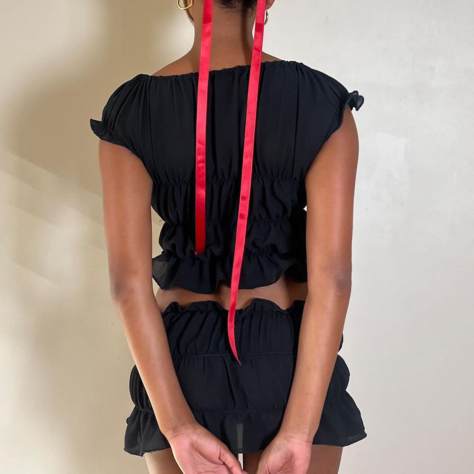 Cute 2 Piece Skirt Sets for Women Ruffle Short Sleeve Tie Up Crop Top & Elastic Waist Pleated Mini Skirt Set Y2K Outfit