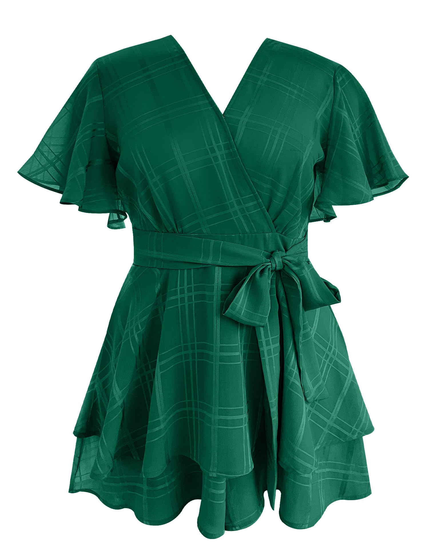 Women's Floral Rompers Jumpsuits V Neck Short Baggy Sleeve Waist Tie Double Layer Ruffle Hem Romper