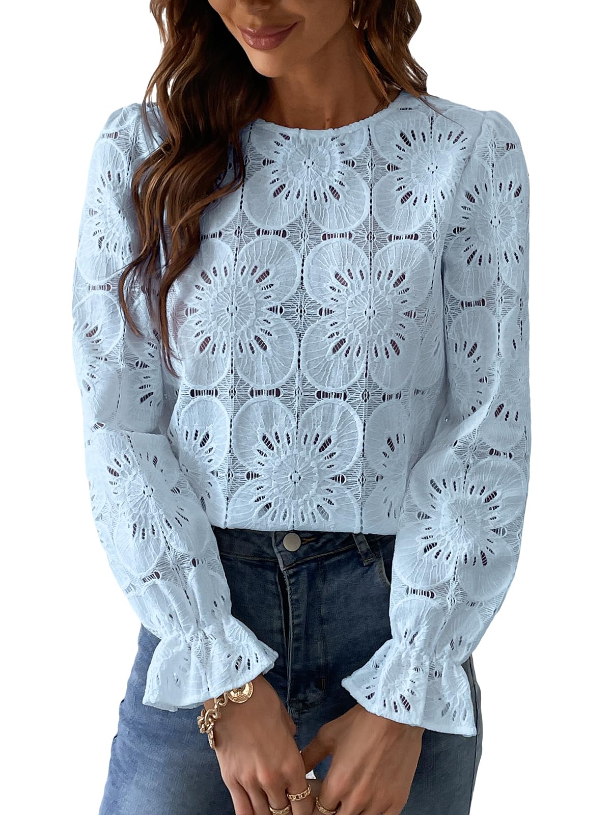 Women Eyelet Long Sleeve - Dressy Hollow Out Crochet Lace Embroidered Blouse