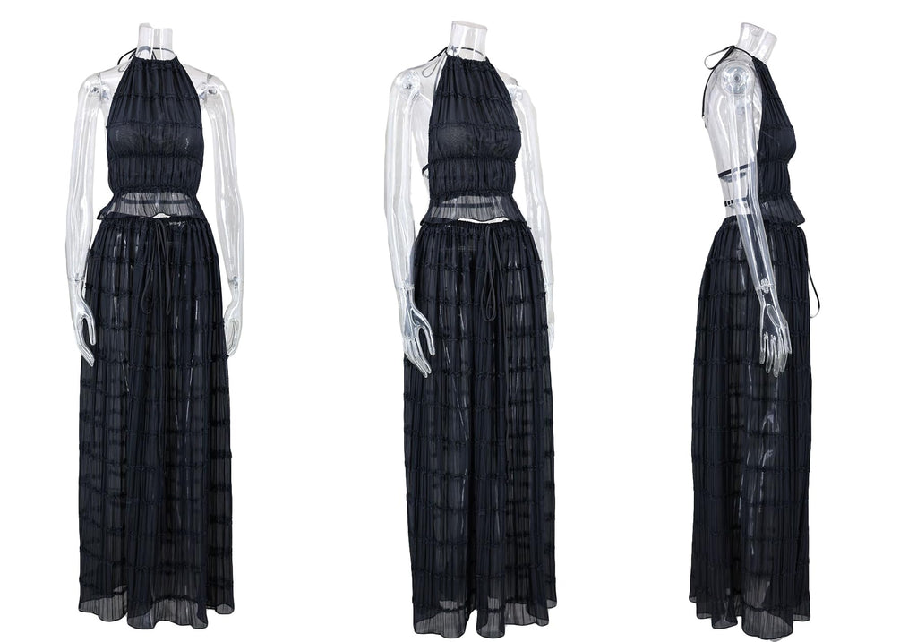 Skirt Sets Women 2 Piece Outfits Backless Halter Top And Pleated Ruffle Flowy Maxi Skirts Y2k Beach Vacation Set