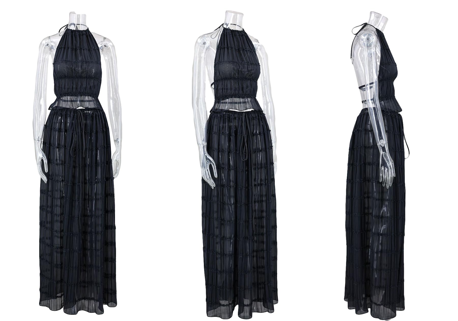 Skirt Sets Women 2 Piece Outfits Backless Halter Top And Pleated Ruffle Flowy Maxi Skirts Y2k Beach Vacation Set