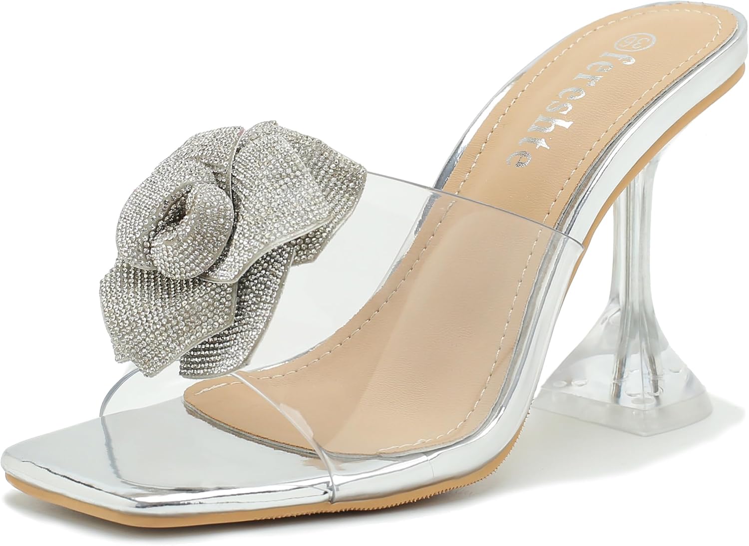 Women's Crystal Flower Heels Square Toe Heeled Sandals