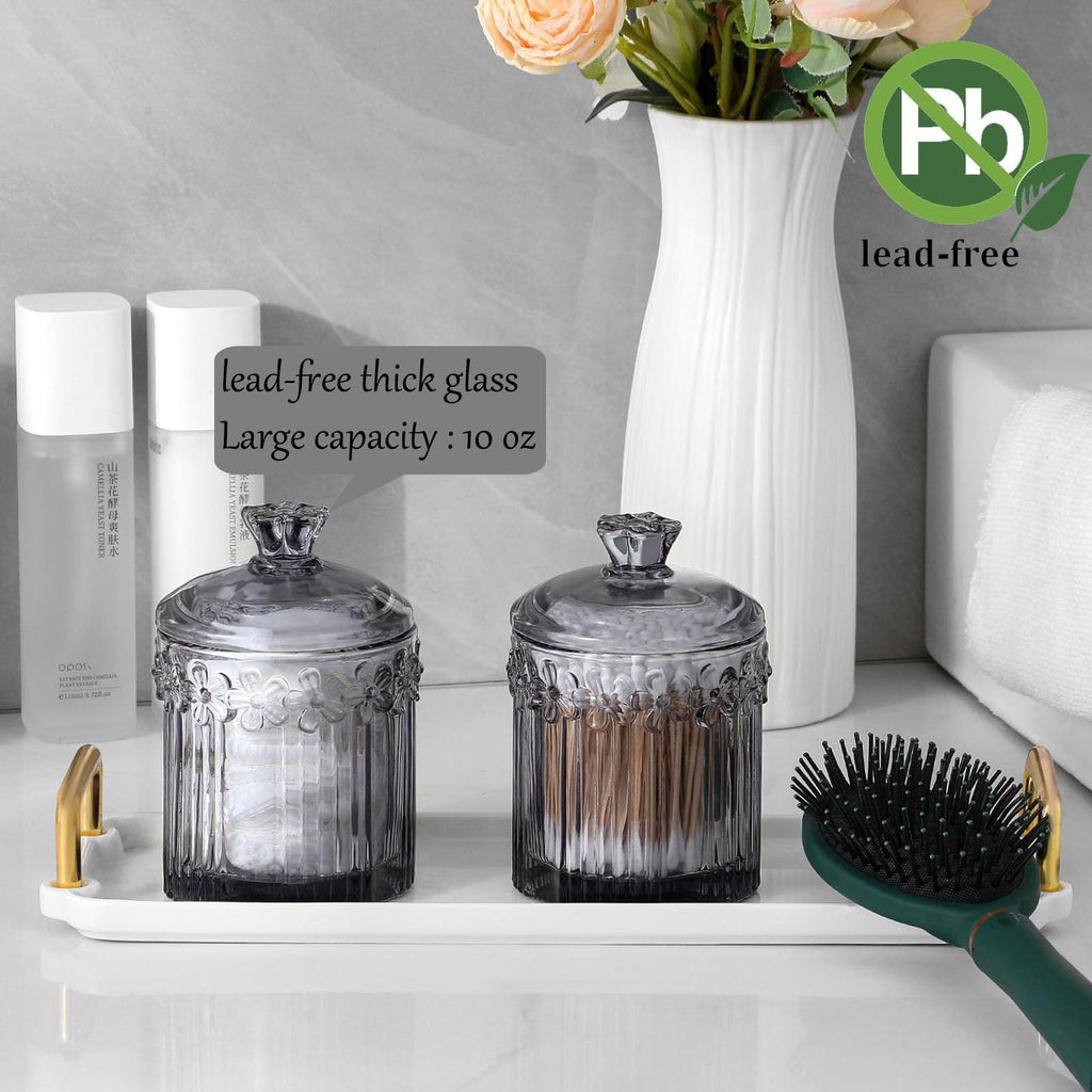 Qtip Holder Glass Apothecary Jars with Lids Set Bathroom Canisters Dispenser Organizers and Storage for Cotton Swabs, Balls, Pads, Floss Picks, Candy 2 Pack
