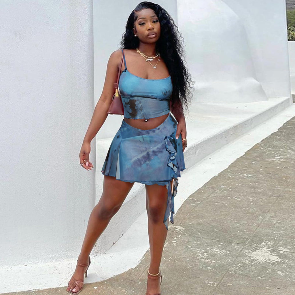 Womens Sexy 2 Piece Club Outfits Set Floral Print Camisole Crop Top Mini Skirt with Slit