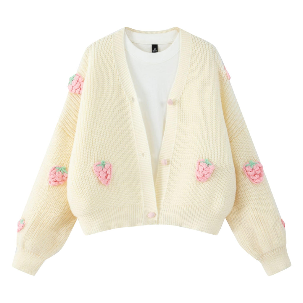 Women's Kawaii Strawberry Embroidered Cardigan Long Sleeve V Neck Chunky Knitted Cardigans