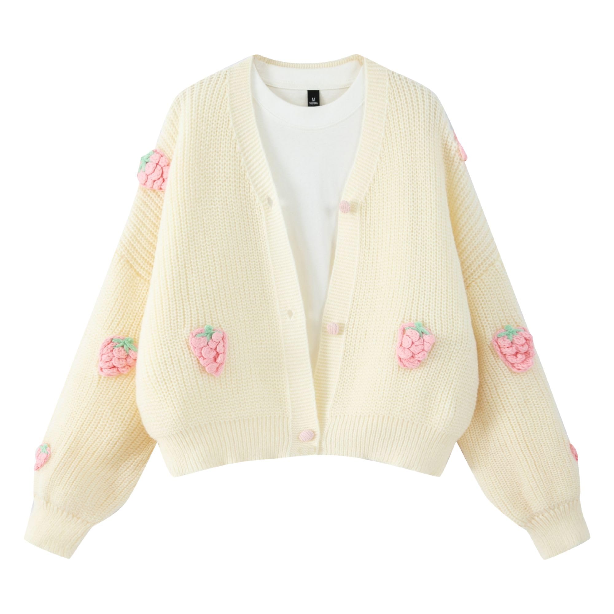 Women's Kawaii Strawberry Embroidered Cardigan Long Sleeve V Neck Chunky Knitted Cardigans