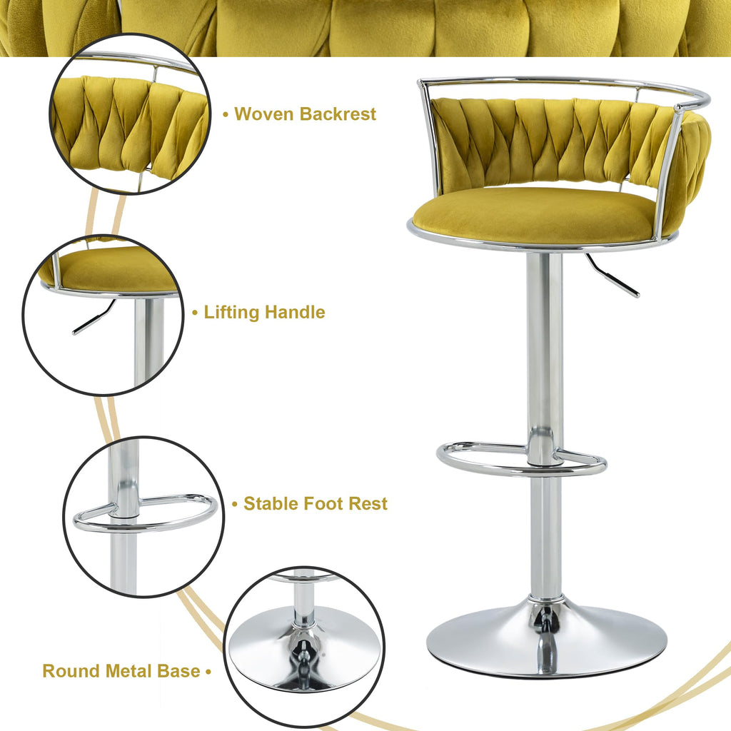 Velvet Swivel Bar Stools, Adjustable Counter Height Bar Chairs with Low Back & Footrest, Modern Gold Bar Stools for Kitchen Island, Bar Pub