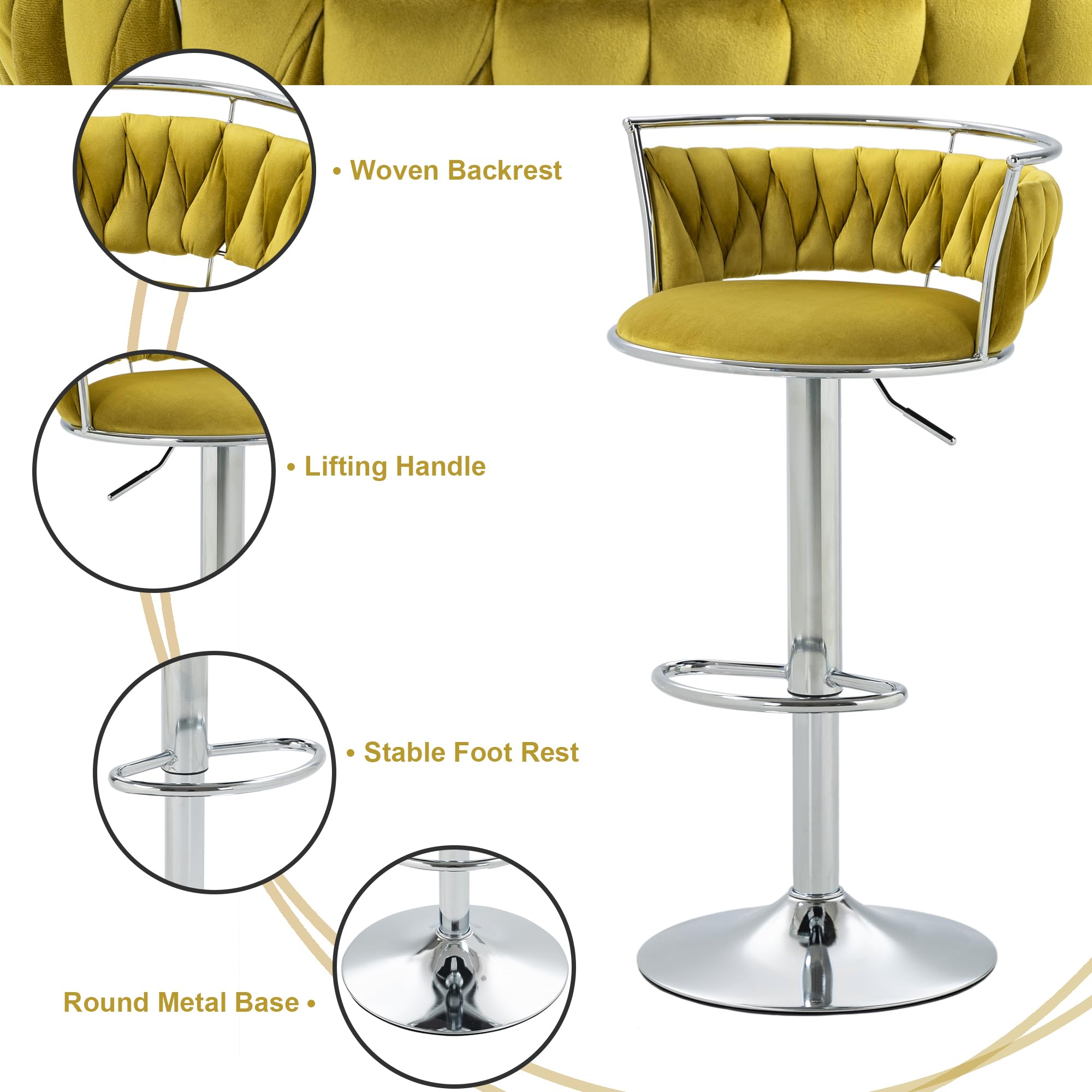 Velvet Swivel Bar Stools, Adjustable Counter Height Bar Chairs with Low Back & Footrest, Modern Gold Bar Stools for Kitchen Island, Bar Pub