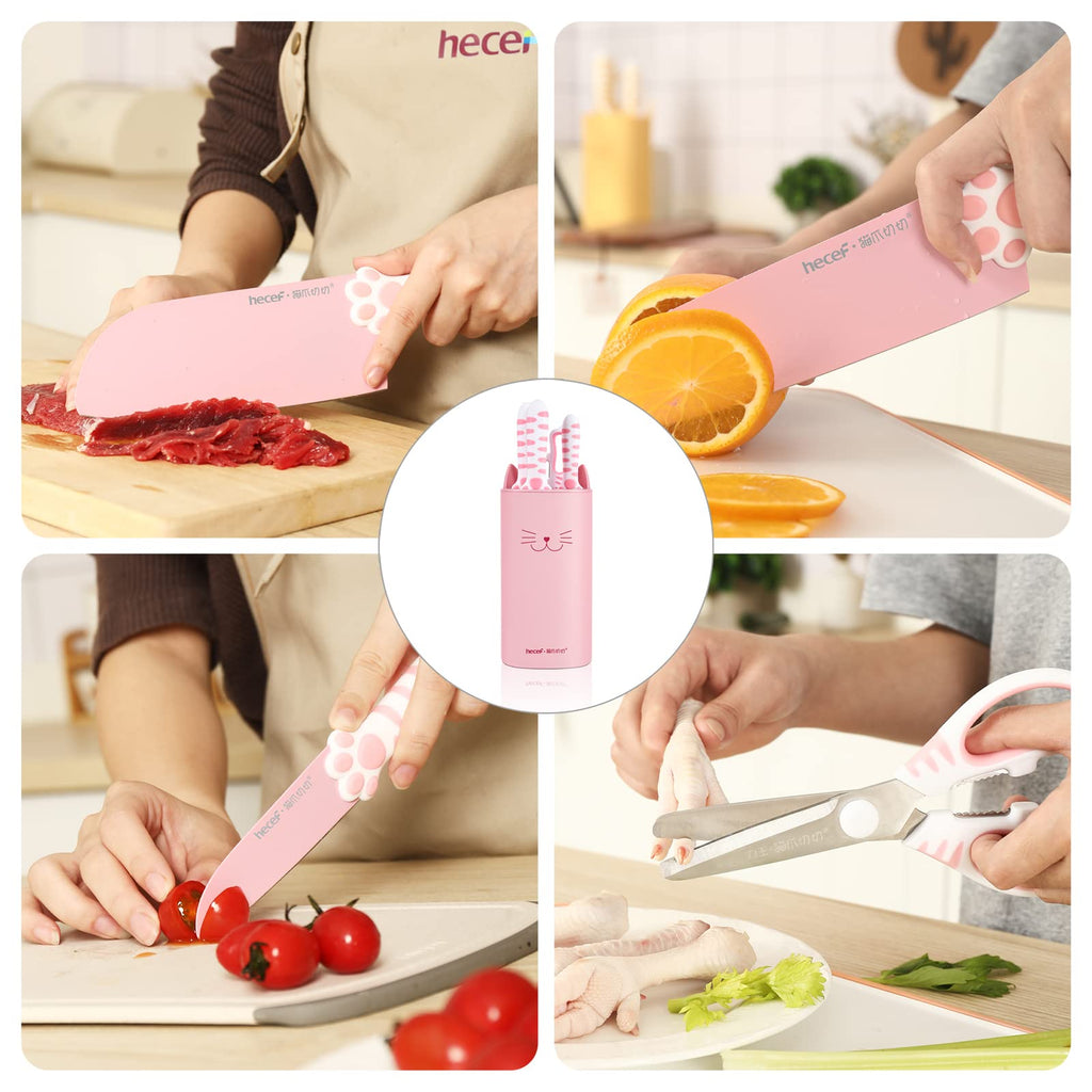 Cute Kitchen Knife Set, Dishwasher Safe, 5-piece Non-Stcik Knives Set with Detachable Block and Scissors,Sharp for Chopping, Slicing, Dicing and Cutting