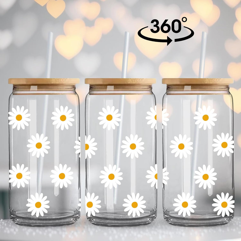 Cute Glass Cups with Lids and Straws, Daisy Design Iced Coffee Cup, Aesthetic Mug Tumbler