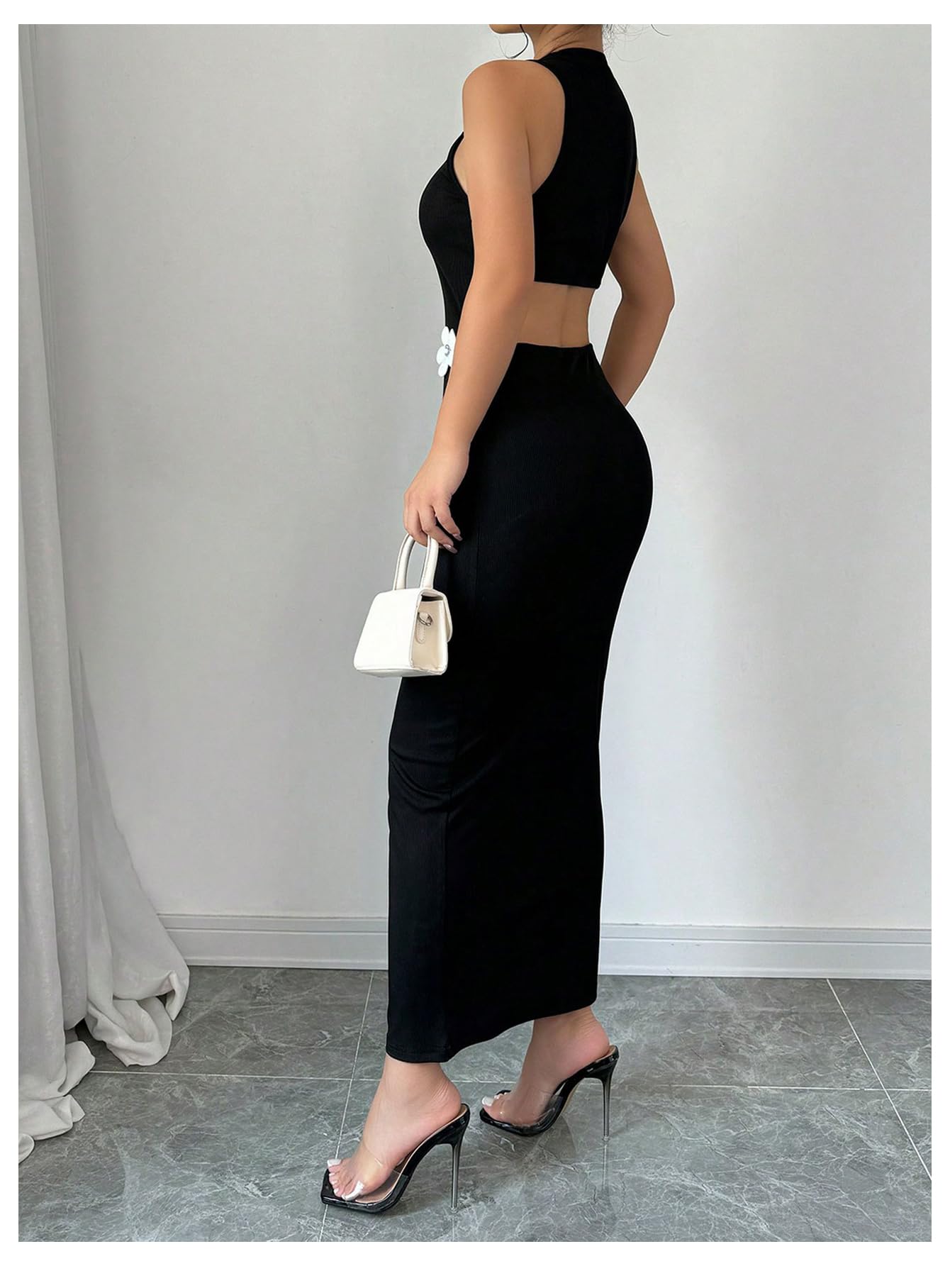 Women's 3D Flower Long Dress Cut Out Back Bodycon Sleeveless Elegant Maxi Dres