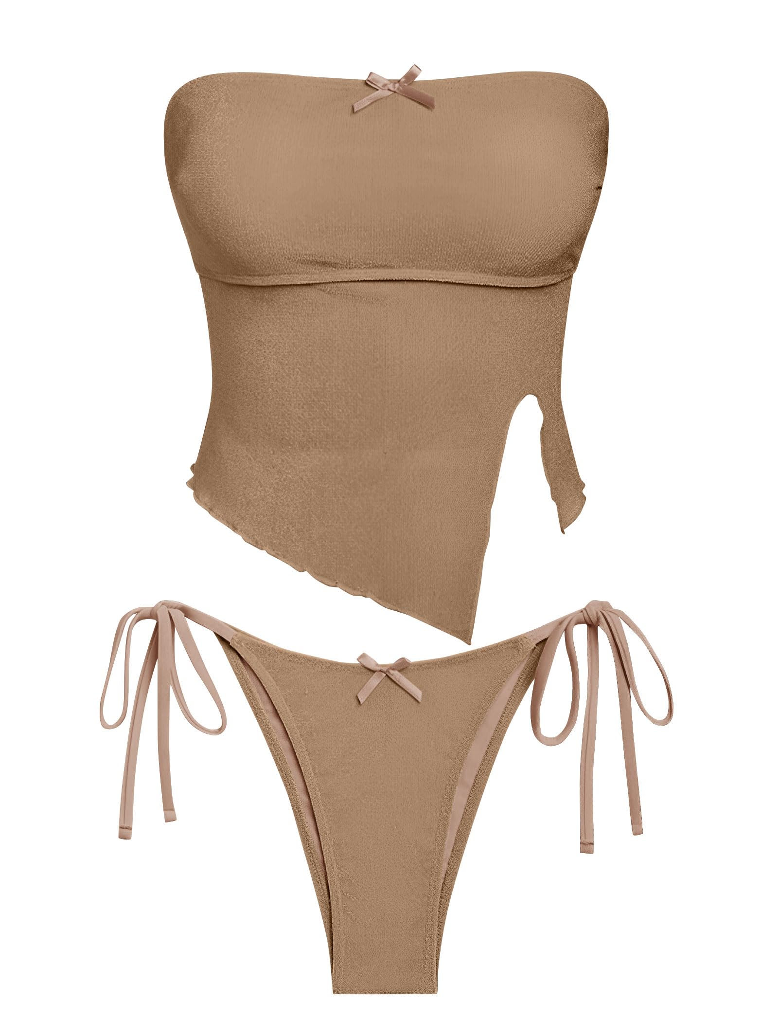 Women's Bandeau Tankini Swimsuit Asymmetrical Slit Bowknot String High Cut Fairyland Cheeky Bathing Suit