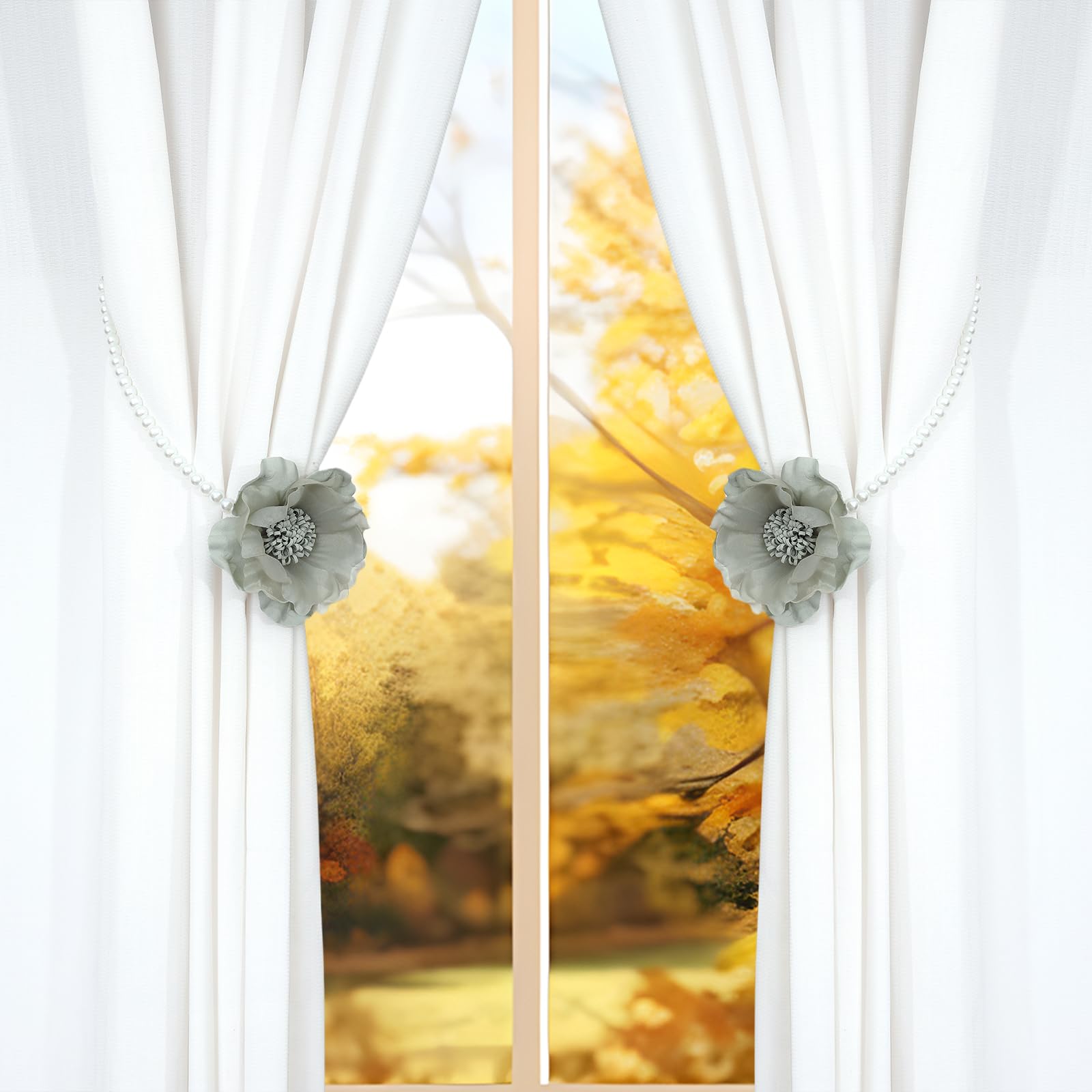 Elegant Pearl Magnetic Curtain Tieback with Handmade Flower Decorative Drapery Holdbacks Rope Holder