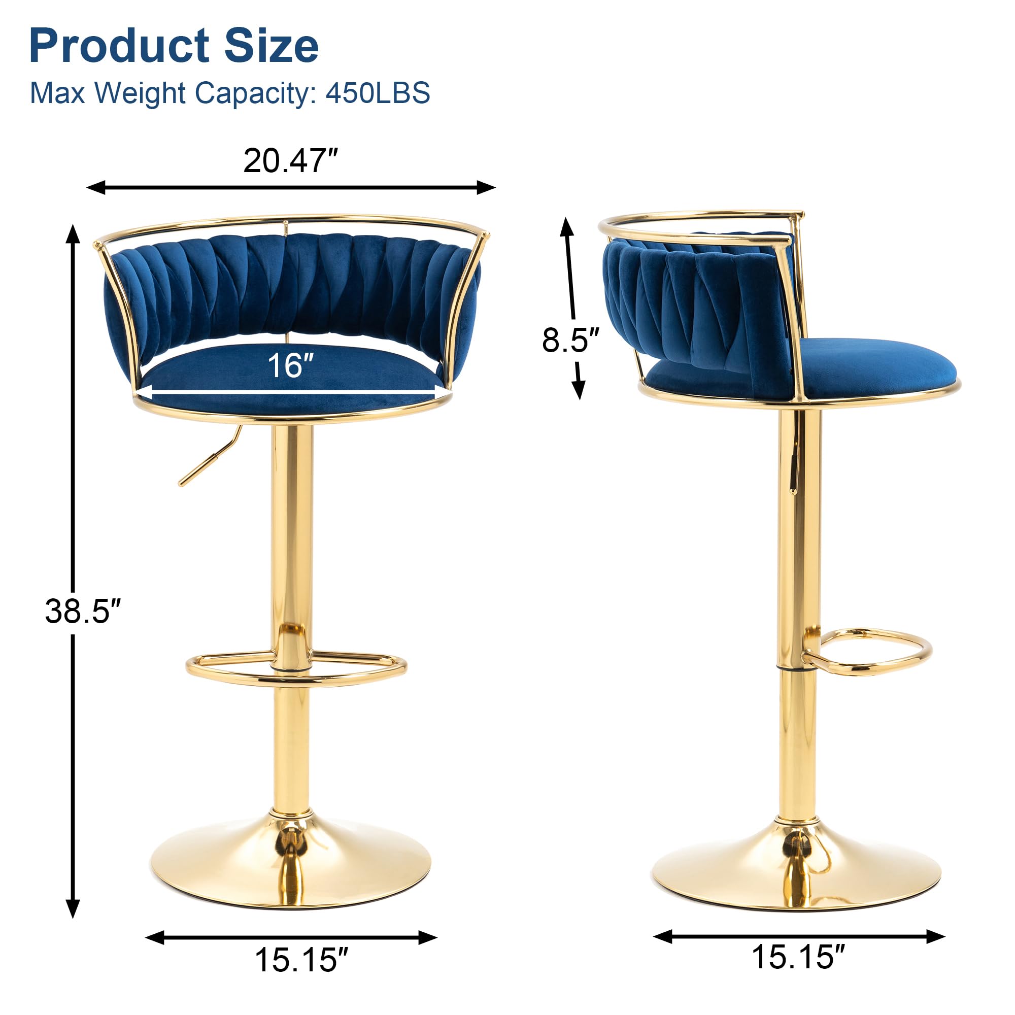 Velvet Swivel Bar Stools, Adjustable Counter Height Bar Chairs with Low Back & Footrest, Modern Gold Bar Stools for Kitchen Island, Bar Pub