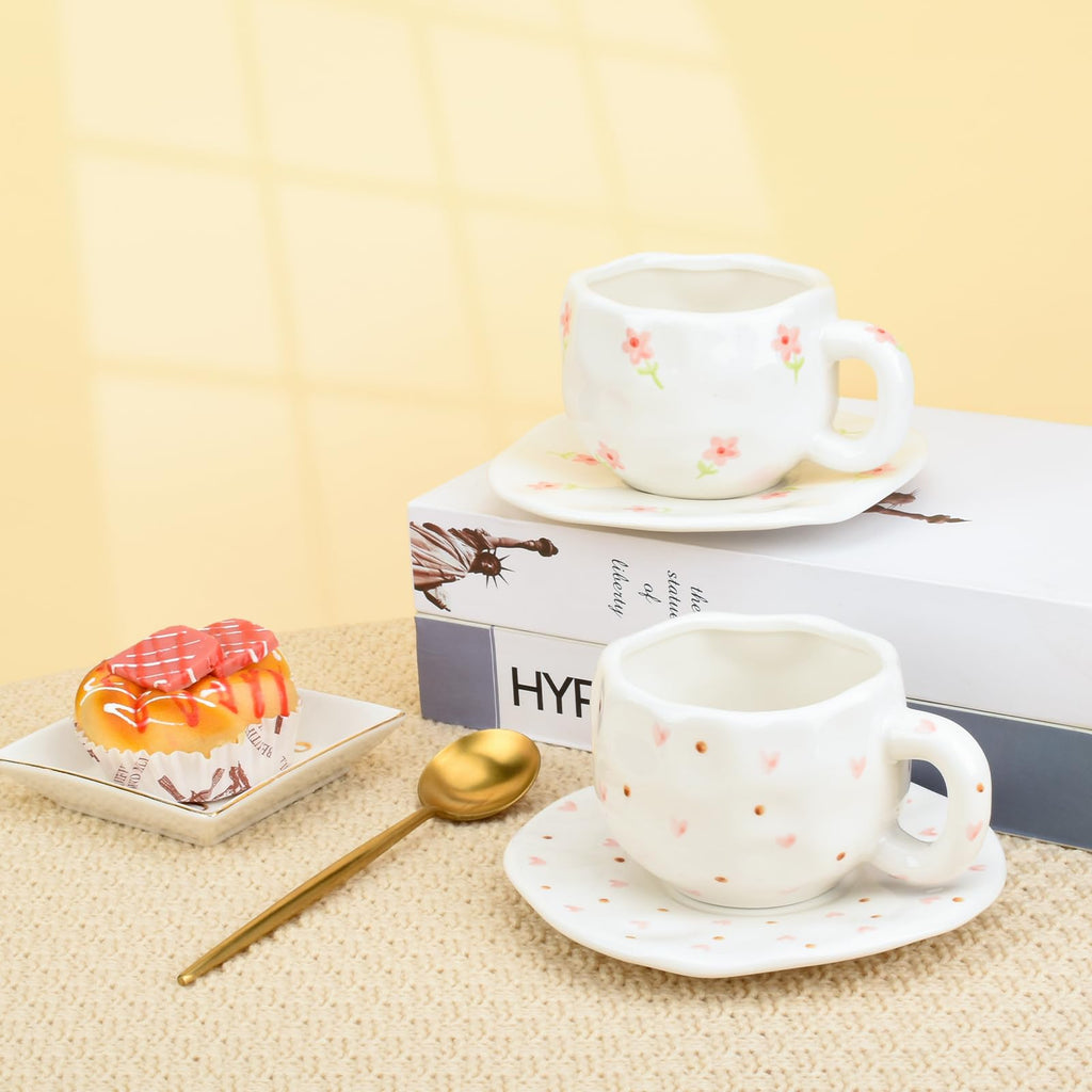 Ceramic Coffee Mug with Saucer Set, Cute Creative Cup Unique Irregular Design, 10 oz/300 ml