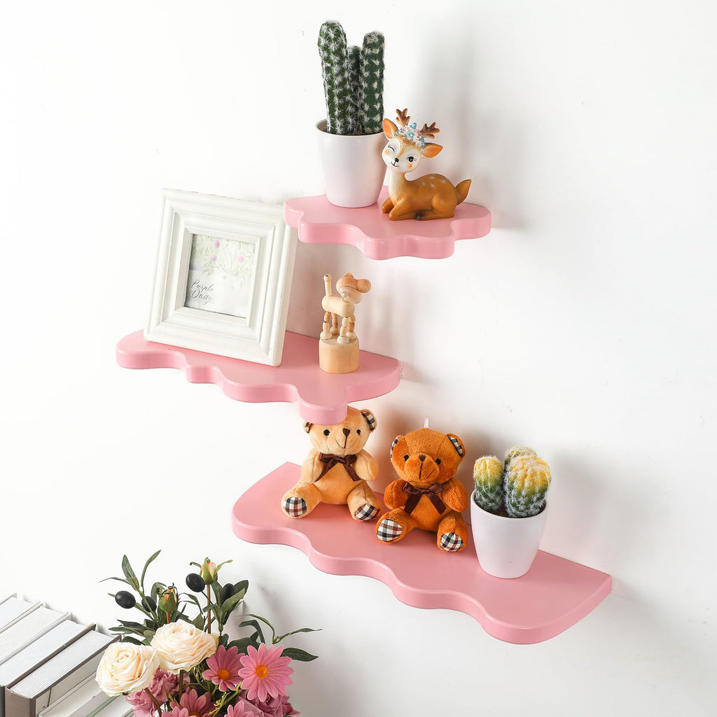 Set of 3 Wavy Cloud Floating Shelves â€?Funky Kawaii Danish Wall Decor for Bedroom & Bathroom (Pink, Green, Purple)