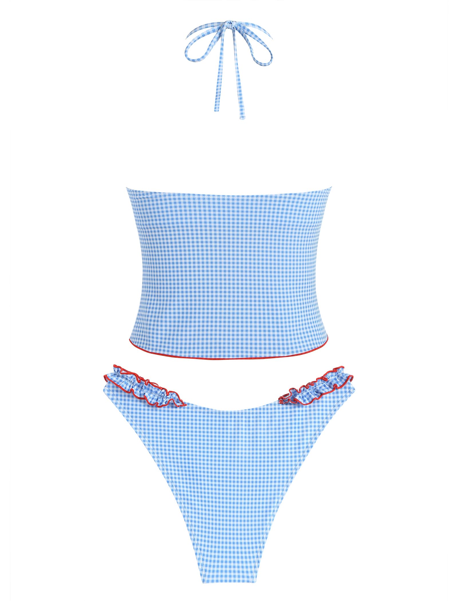 Tankini Swimsuits for Women Smocked Ruffles Tie Front Bowknot Textured High Cut Tanga Tankini Set