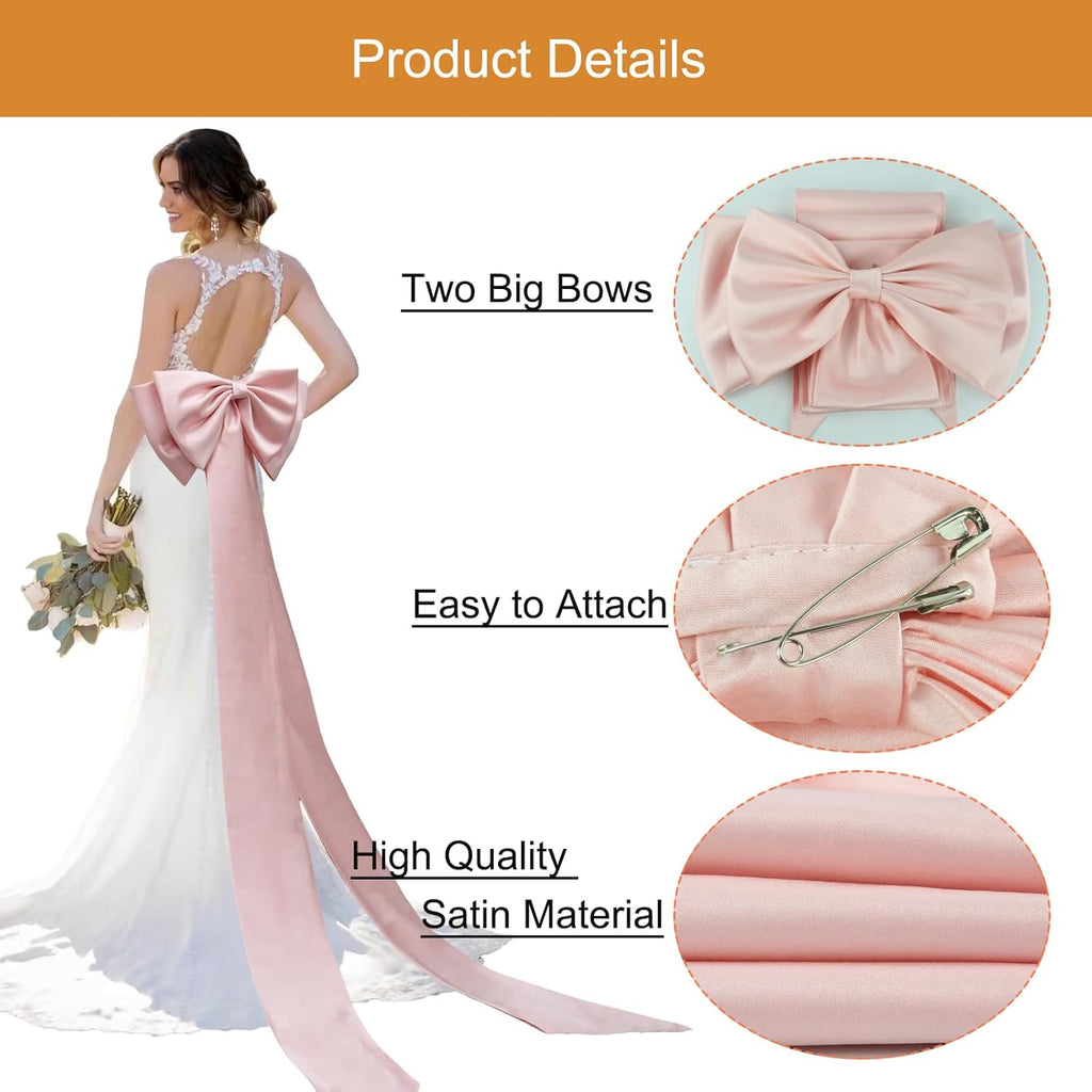 Detachable Big Bow Long Train Satin Bowknot Sweep Train Waist Sash Belt Bowknot for Wedding Formal Dress