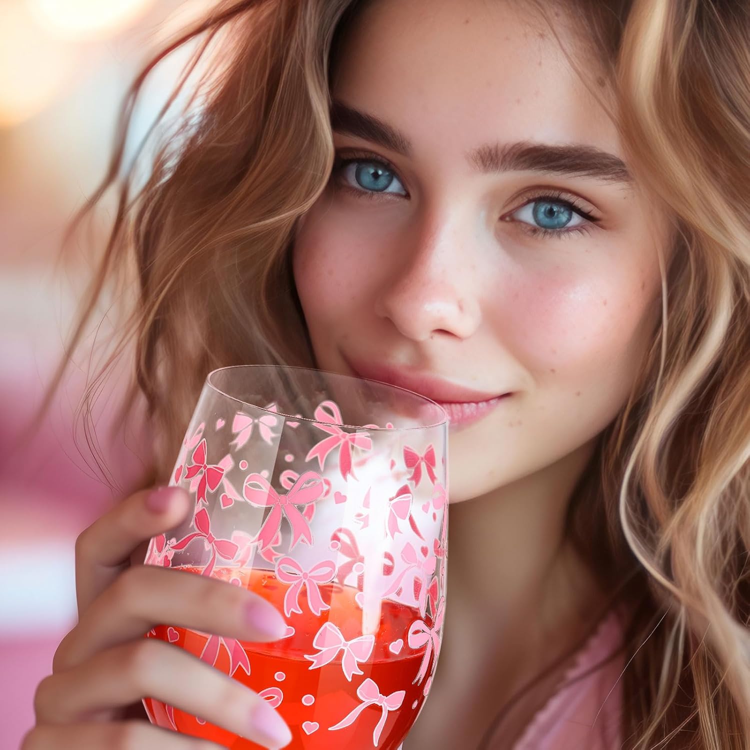 Pink Bow Stemless Wine Glass 17 Oz