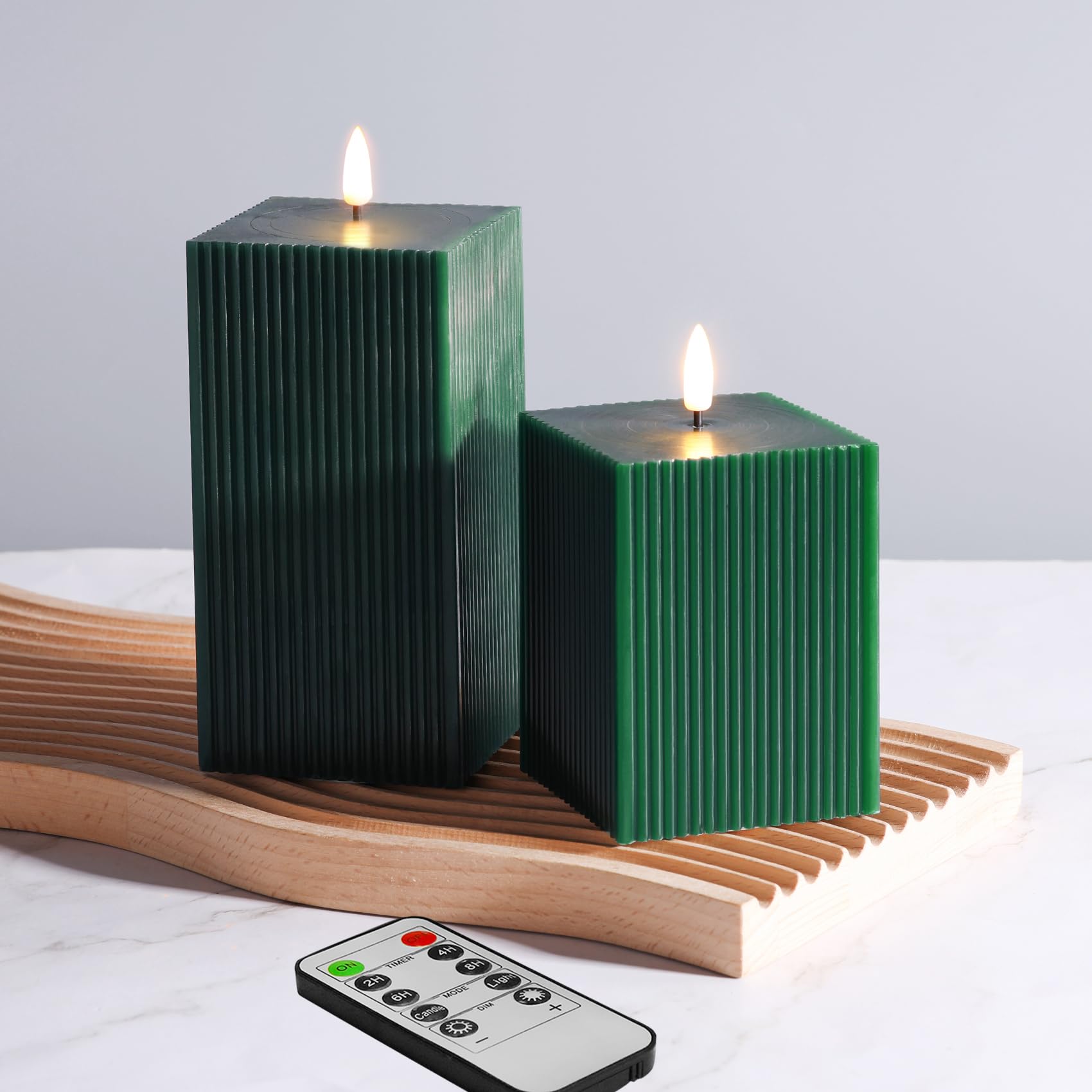 Square Ribbed Flameless Candles with Remote, Flickering Real Wax Battery LED Candles 3" H 4" 6"