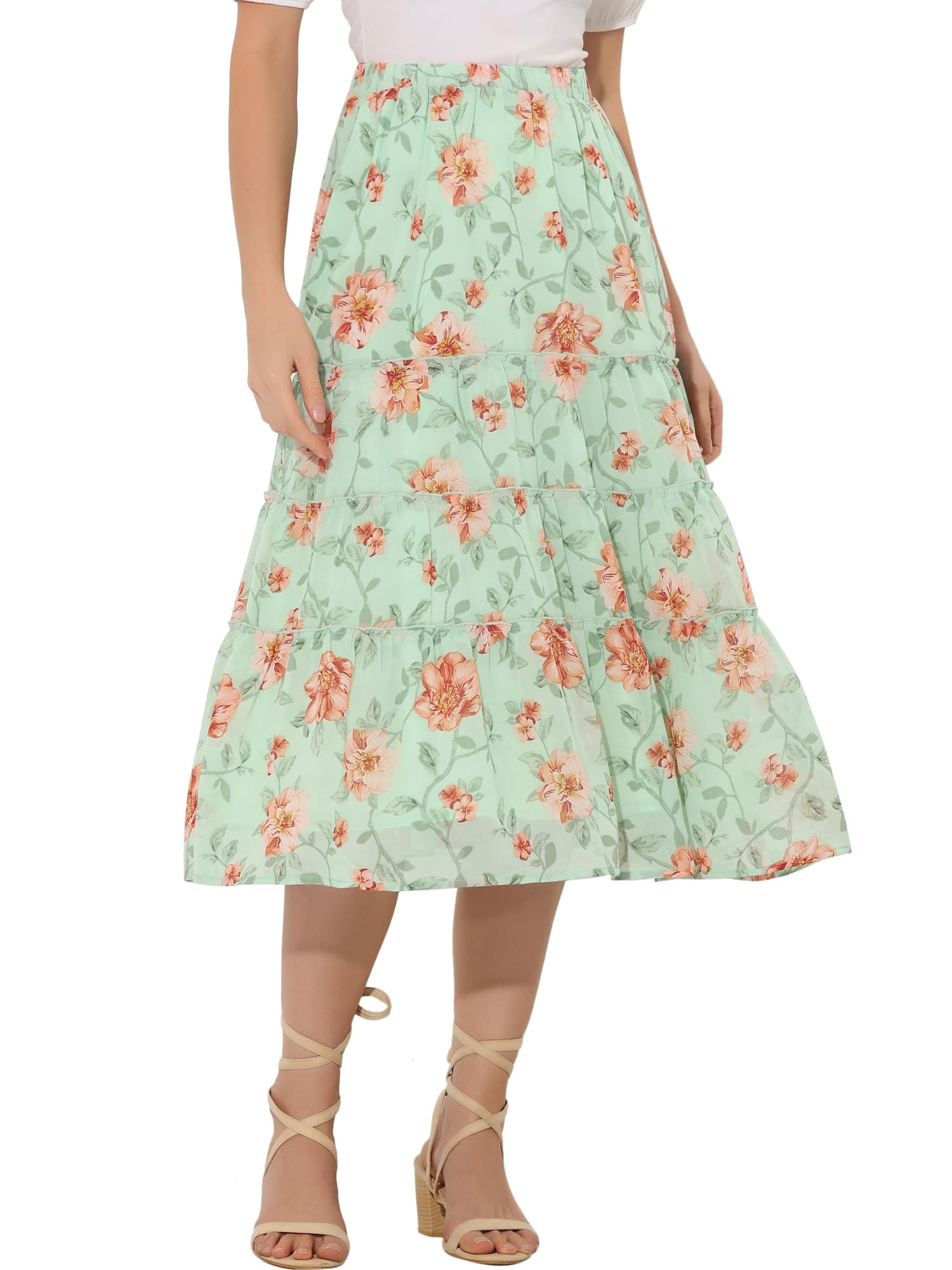 Women's Floral Skirt Chiffon A-line Long Tiered Ruffle Boho