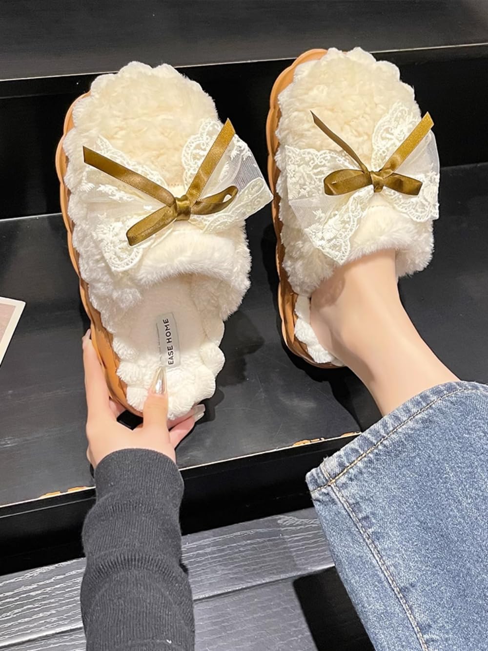 Cute Butterfly Fuzzy Women's Slippers Winter Fluffy Open Toe House Slippers Slip On Plush Bedroom Shoes
