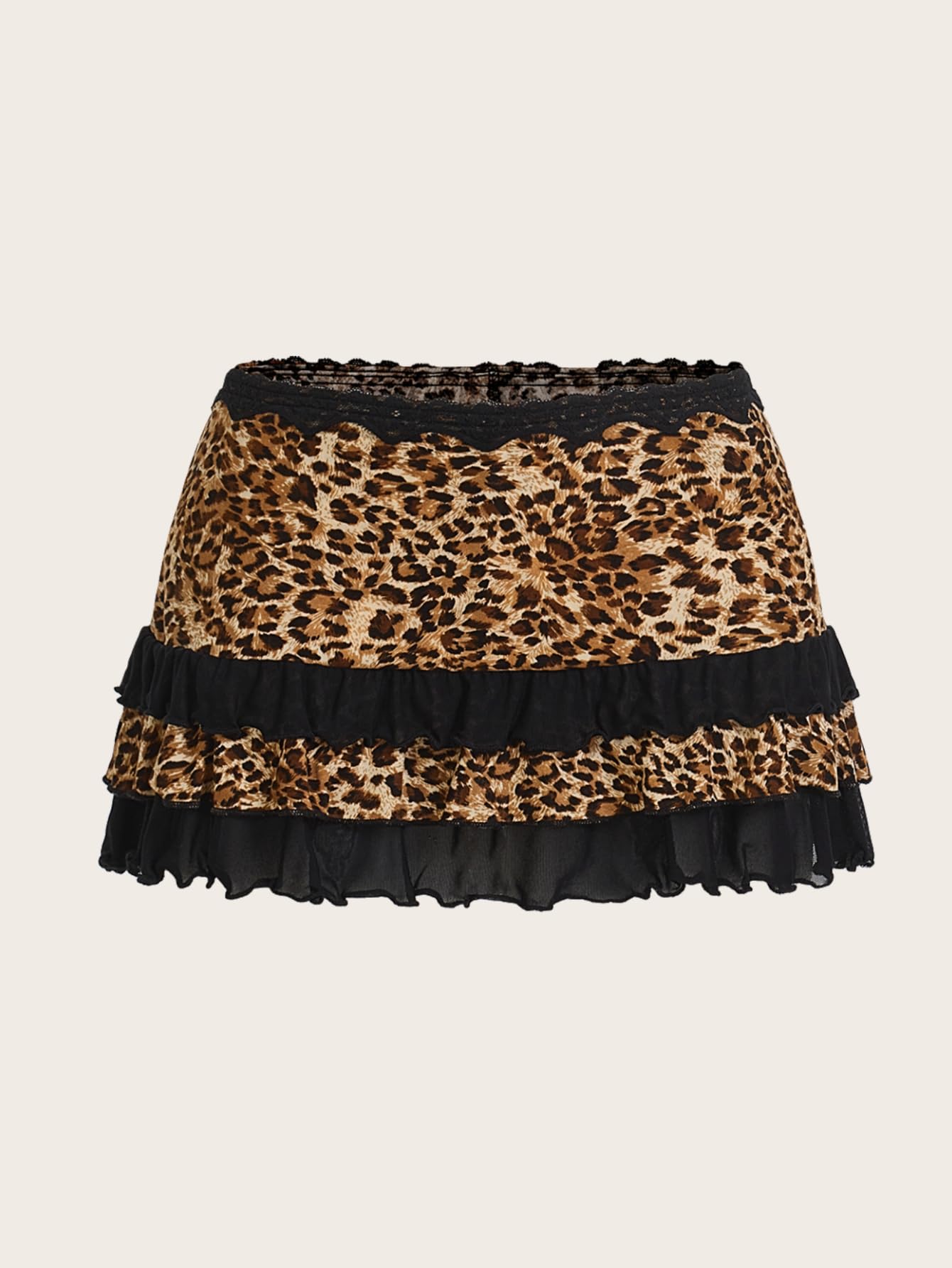 Women Leopard Print Low Rise Mini Skirt Y2k Contrast Mesh Layered Skirts