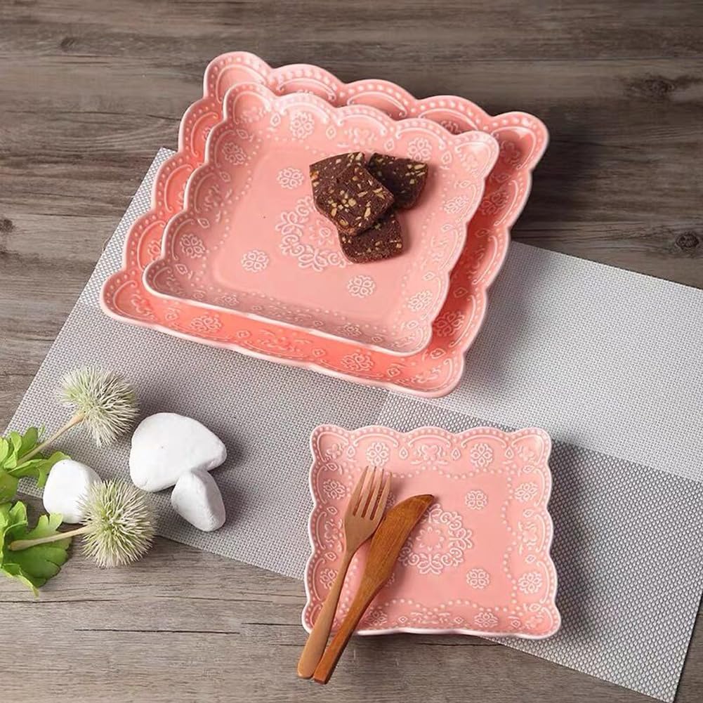 Elegant Square Embossed Lace Plate Bone China Dessert Plate Ceramic Plate Afternoon Tea