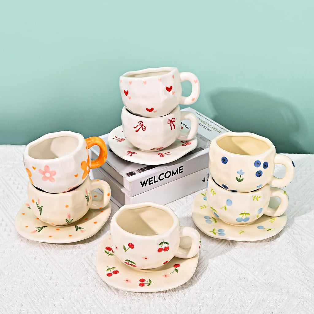 Ceramic Coffee Mug with Saucer Set, Cute Creative Cup Unique Irregular Design, 10 oz/300 ml