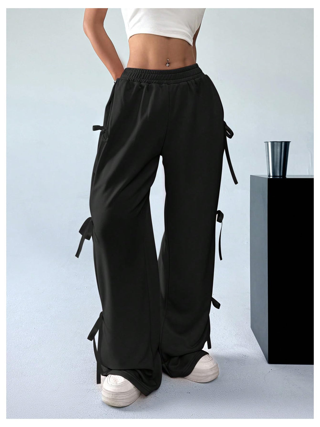 Women's Bow Wide Leg Sweatpants Elastic Waist Casual Baggy Pants with Pocket