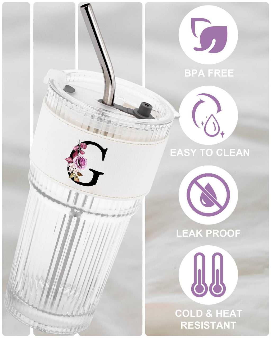 Initial Glass Cup with Lid Straw Ribbed Ice Tea Clear Tumbler Her Sister Coffee Matcha Latte Girlfriend Gf Aunt Best Friend Friendship Bestie Wife Cute Asthetic Unique Birthday Personalized Gift K