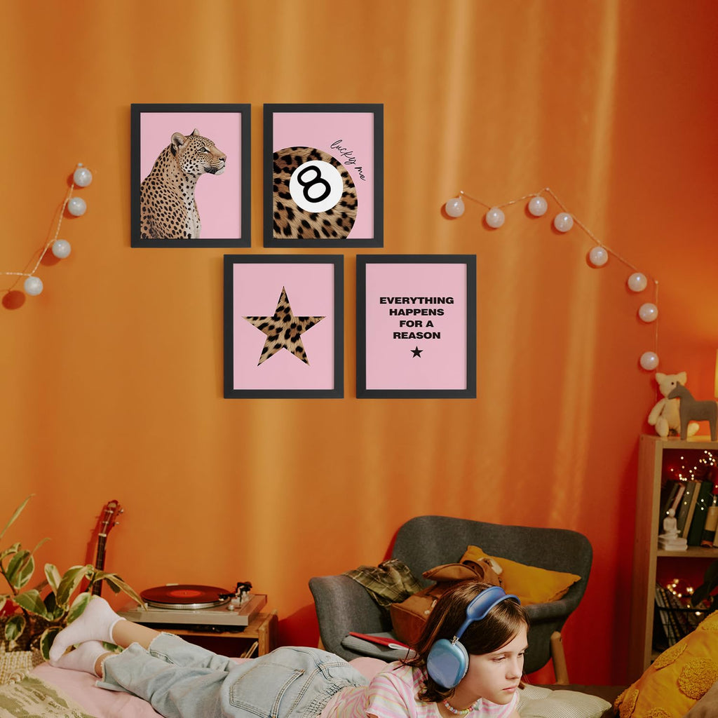 Trendy Leopard Wall Art Prints Set of 4 Funky Lucky 8 Ball Posters Prints Preppy Room Aesthetic Cheetah Wall Decor for Girls Room Dorm Apartment 8x10 Unframed
