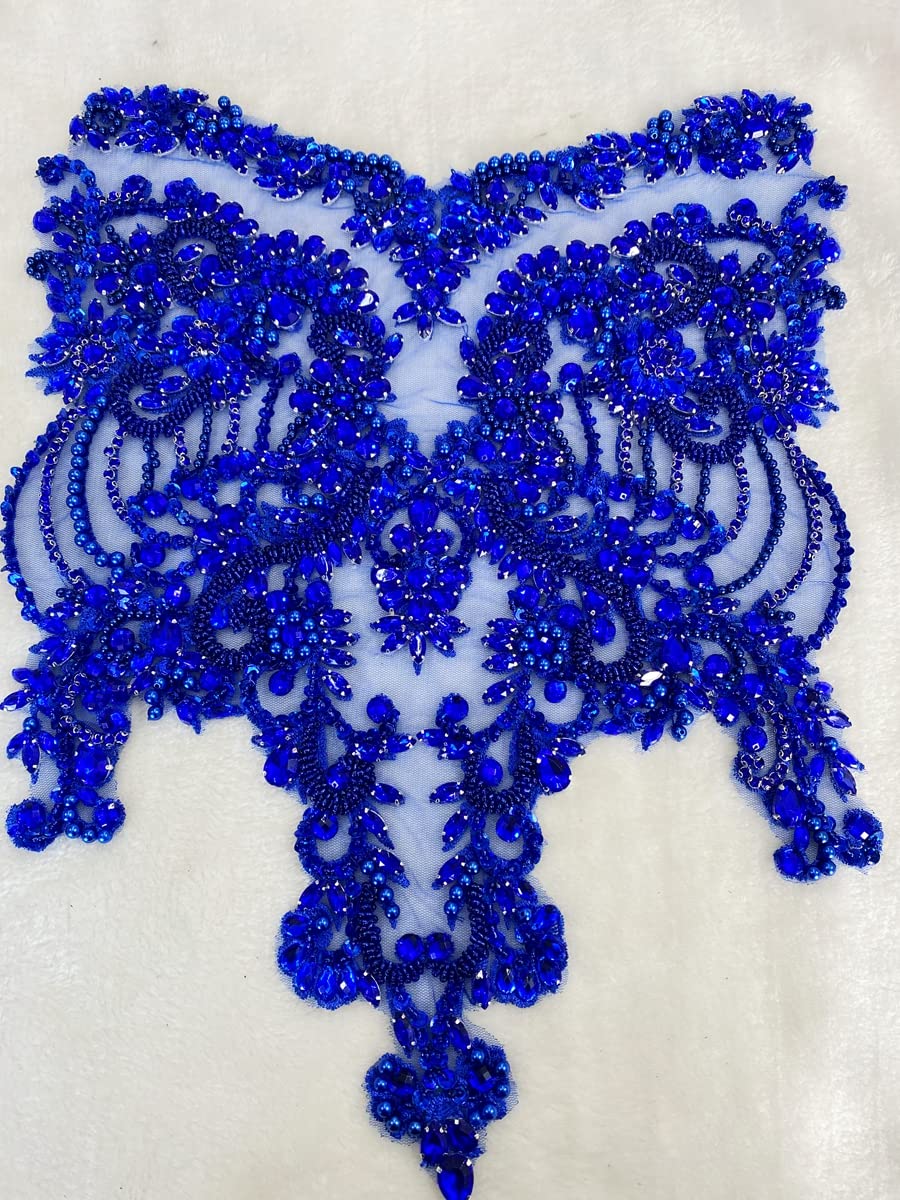 Handmade red/Blue/Gold/Green Rhinestones lace Bodice Applique Sewing Beads Crystal Trim Patches Accessory for Dress Clothes (Rose red)