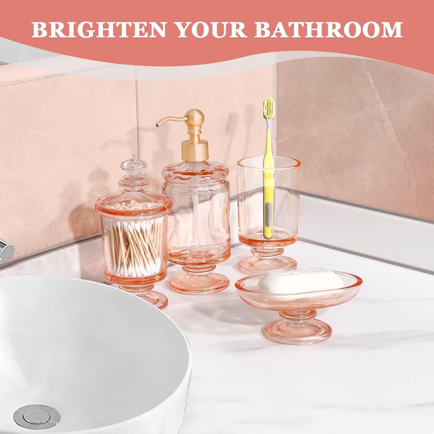 Pink Bathroom Accessories Set Glass Bow Decor 4Pcs, Lotion Soap Dispenser & Soap Dish & Toothbrush Holder & Cotton Swab Jar