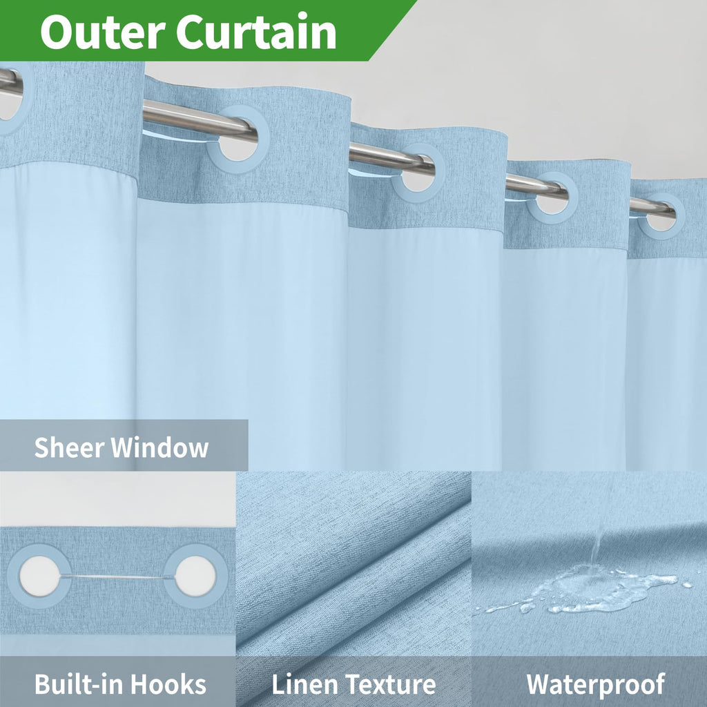 No Hooks Needed Linen Textured Shower Curtain with Snap-in Fabric Liner Set, Luxury Decor Shower Curtains for Bathroom with Mesh Top Window, Waterproof & Washable