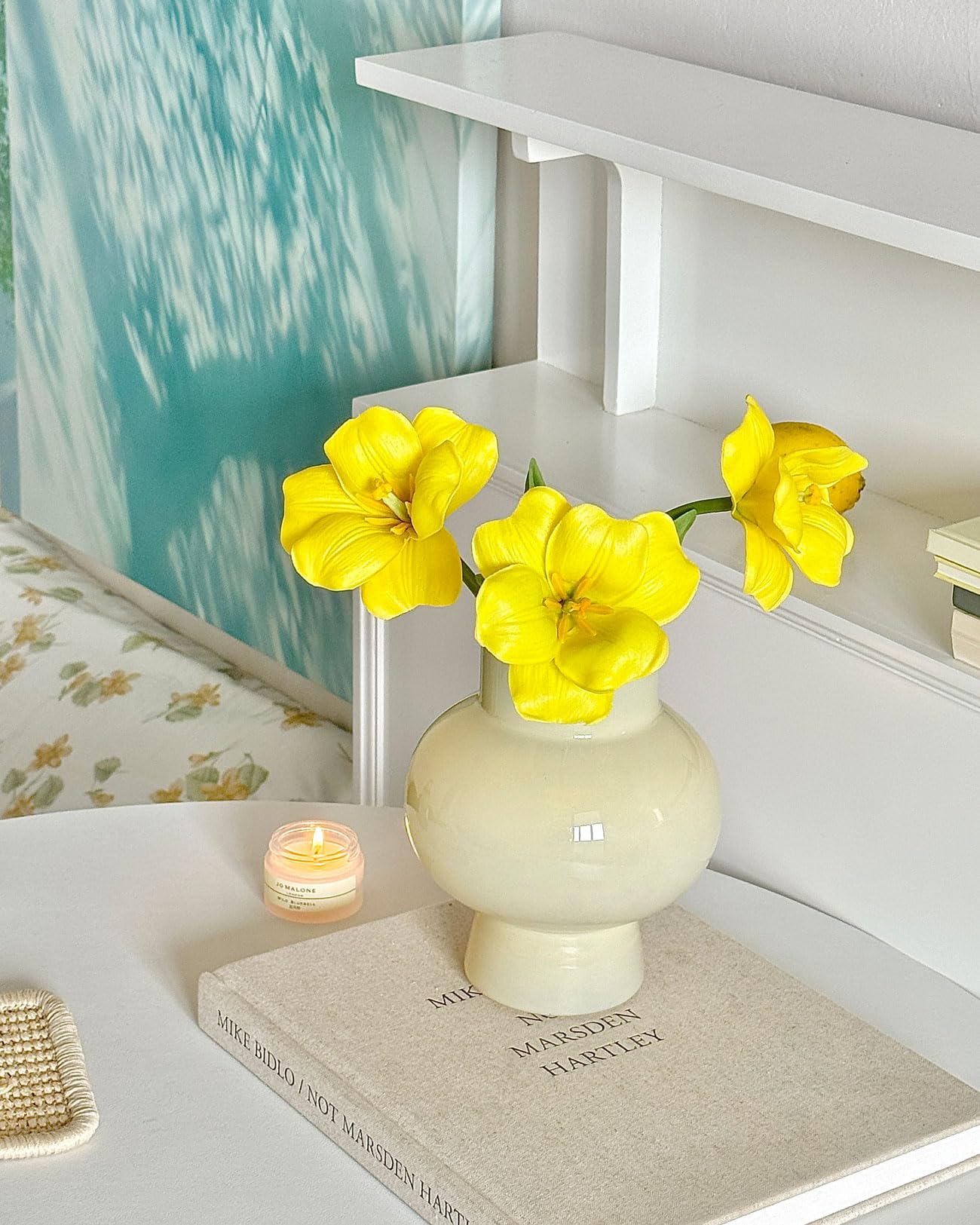 Modern Glass Vase for Flowers, Cute Yellow Colored Decorative Vase for Centerpiece Table Shelf Funky Home Office Decor