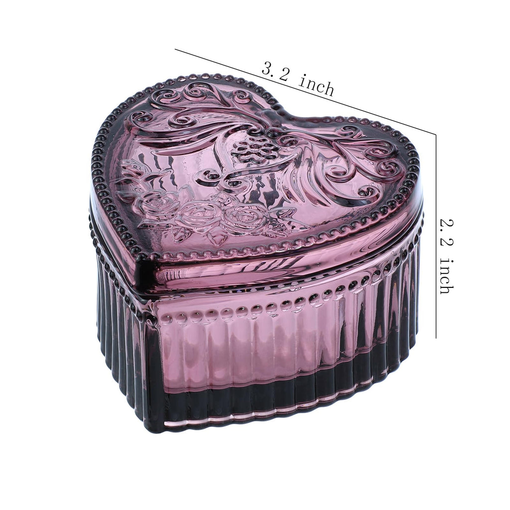 Heart-Shaped Crystal Glass Jewelry Box with Embossed Design and Lid