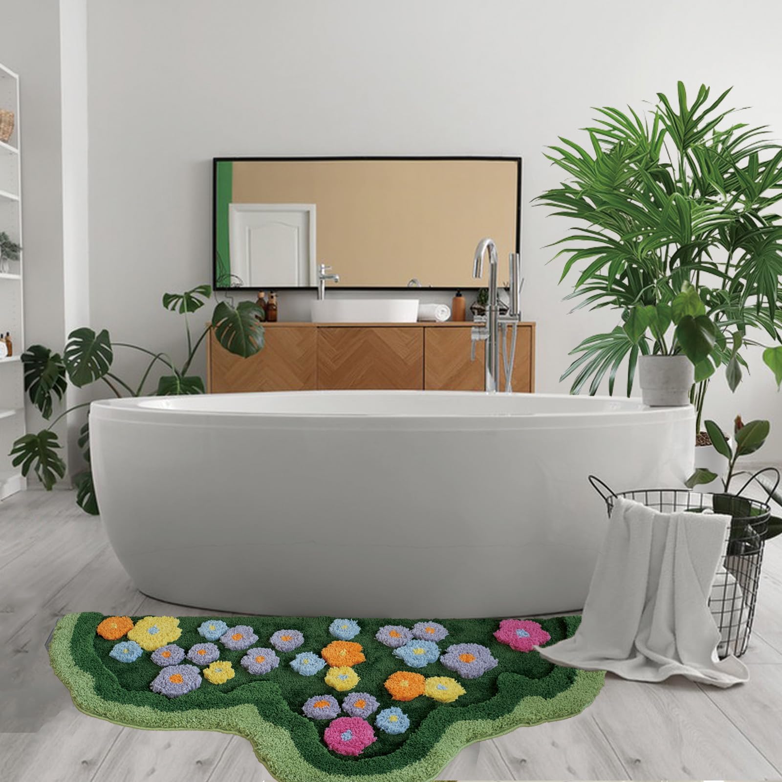 Moss Green Toilet Rugs, Luxury Tufted Extra Thick U-Shaped Toilet Rug,Cute Flower Green Moss Bath Mat Non Slip - Washable Water Absorbent Shag Bathroom Rugs for Bath