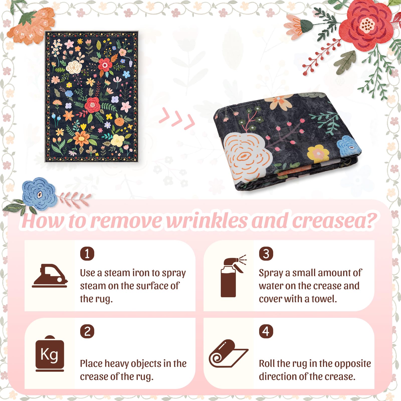 Washable Floral Rugs with Non Slip Backing, Stain Resistant, Floral Soft Low-Pile