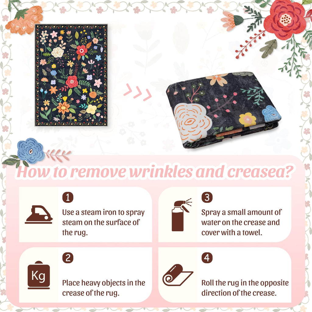 Washable Floral Rugs with Non Slip Backing, Stain Resistant, Floral Soft Low-Pile