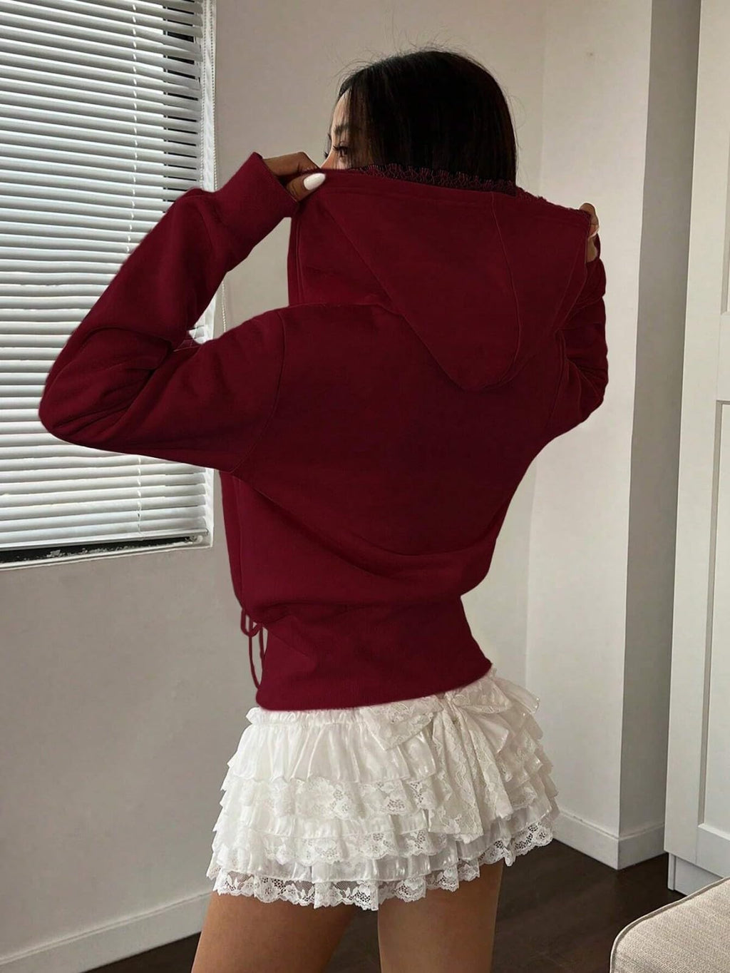 Women's Lace Patchwork Bow Zip-Up Crop Hoodie â€?Y2K Coquette Fleece Casual Hooded Sweatshirt