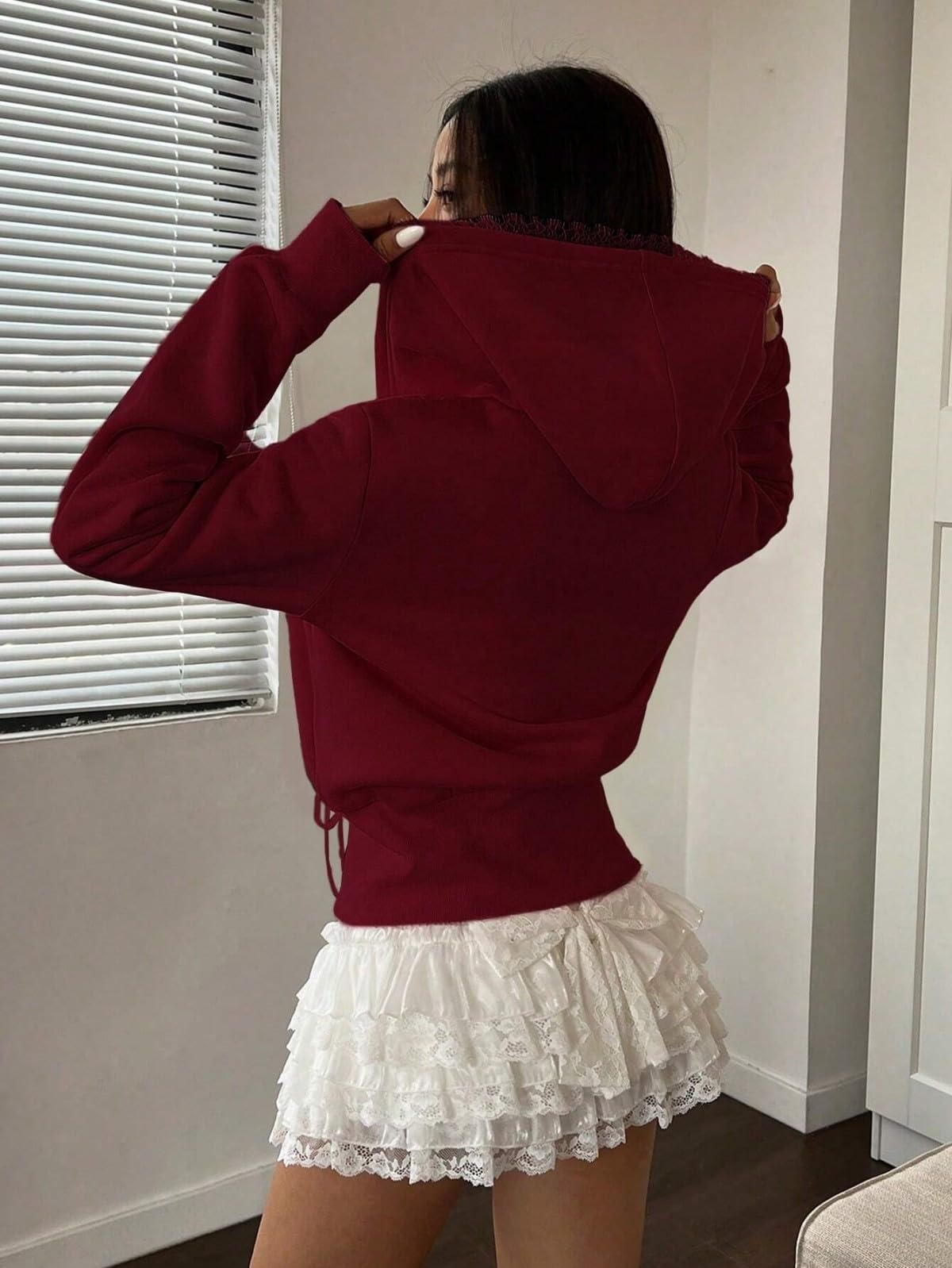 Women's Lace Patchwork Bow Zip-Up Crop Hoodie â€?Y2K Coquette Fleece Casual Hooded Sweatshirt