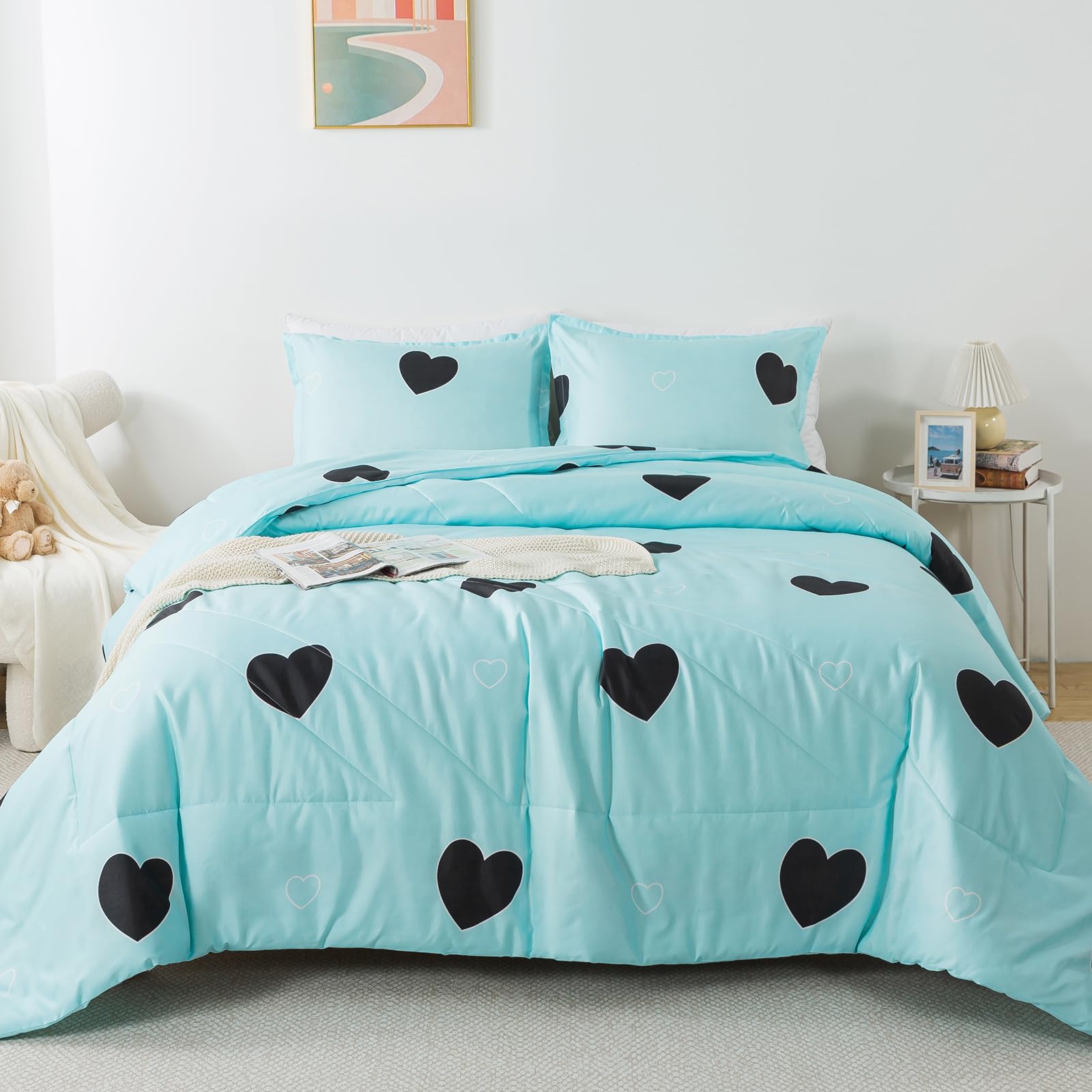 Love Comforter Set, Cute Heart Pattern Bedding Comforterm, Soft Microfiber Fluffy Lovely Comforter Set for All Seasons Room Decor