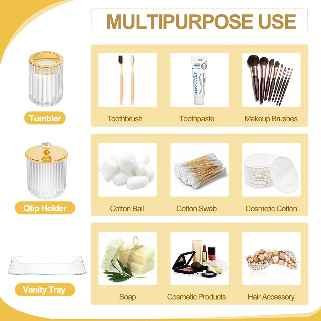 Glass Bathroom Accessories Set 4PCS Bathroom Accessories Set with Soap Dispenser Toothbrush Holder Qtip Holder & Vanity Tray