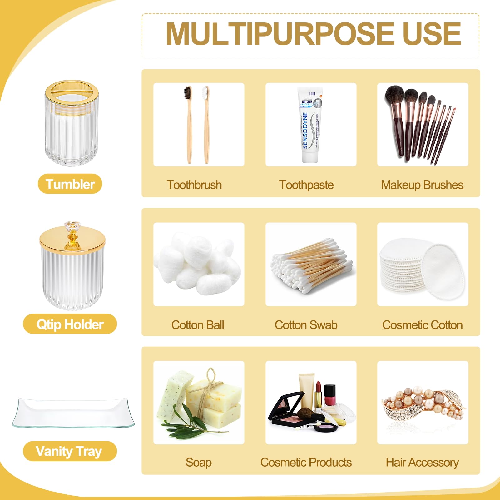 Glass Bathroom Accessories Set 4PCS Bathroom Accessories Set with Soap Dispenser Toothbrush Holder Qtip Holder & Vanity Tray