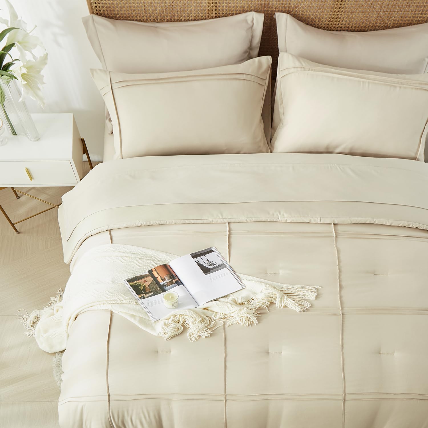 Comforter Set 7 Piece Bed in a Bag, Grid Pinch Pleat Bedding Set, Striped Textured Soft Microfiber Comforter with Sheet Set