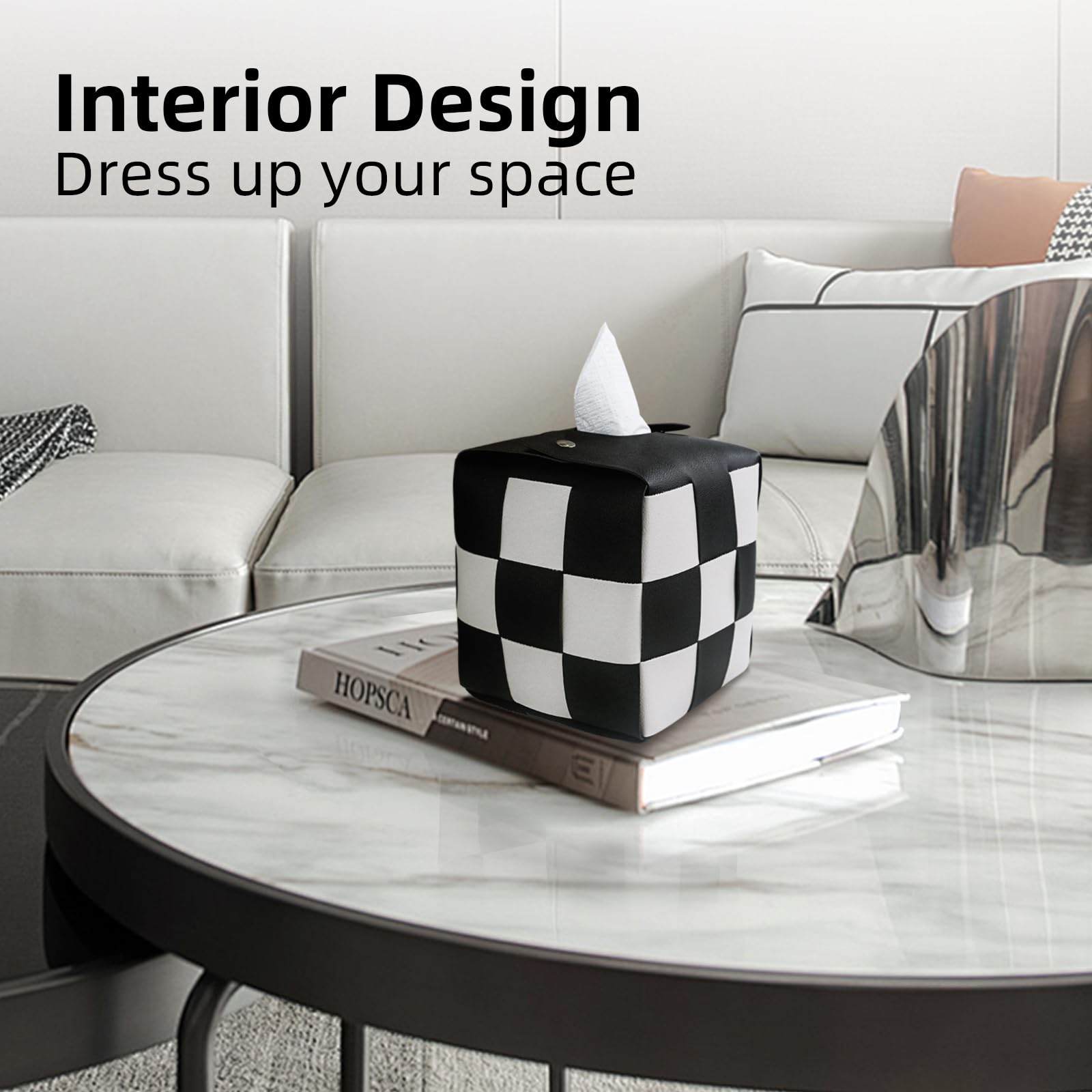 PU Leather Tissue Box Holder with Metal Buckle, Checkered Tissue Box, Decorative Organizer
