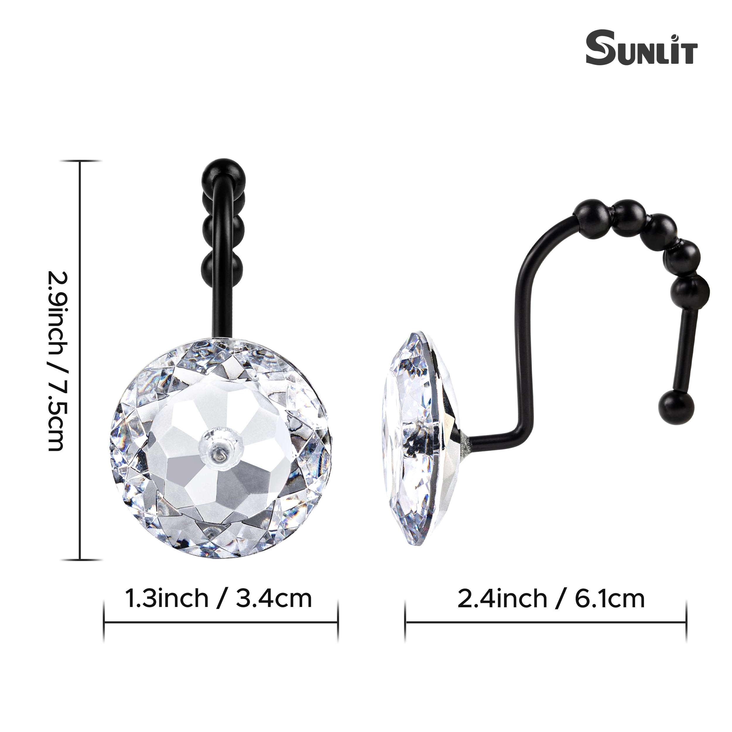 Luxury Design Round Diamond Crystal Gem Bling with Glide Balls Shower Curtain Hooks, Rust Proof Metal Rhinestones Glam Shower Curtain Rings-12 Pack